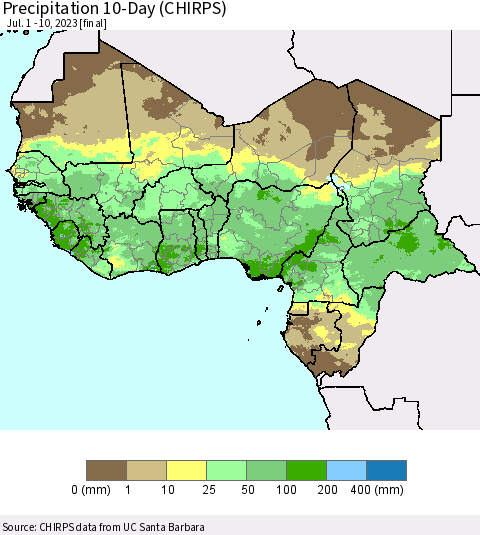 Western Africa Precipitation 10-Day (CHIRPS) Thematic Map For 7/1/2023 - 7/10/2023