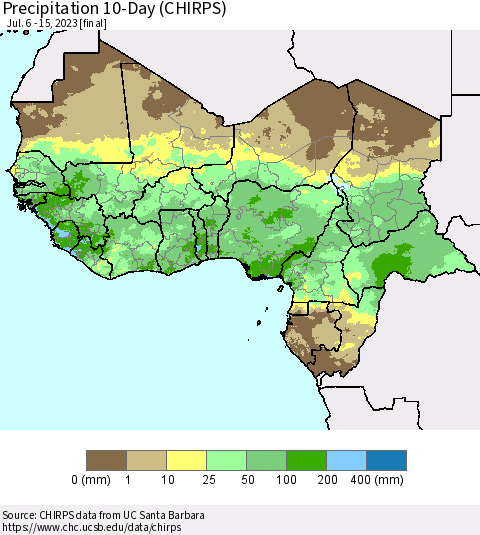 Western Africa Precipitation 10-Day (CHIRPS) Thematic Map For 7/6/2023 - 7/15/2023