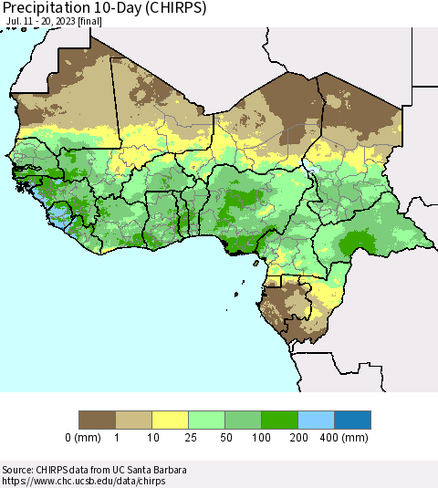 Western Africa Precipitation 10-Day (CHIRPS) Thematic Map For 7/11/2023 - 7/20/2023
