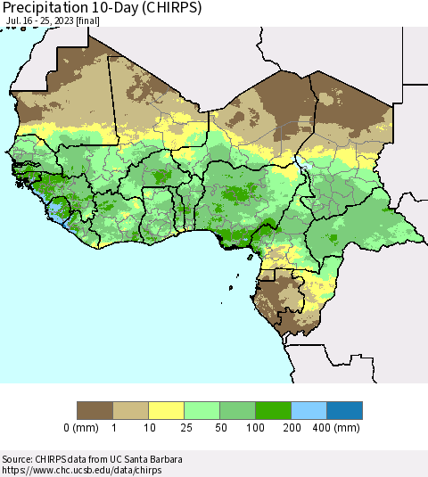 Western Africa Precipitation 10-Day (CHIRPS) Thematic Map For 7/16/2023 - 7/25/2023