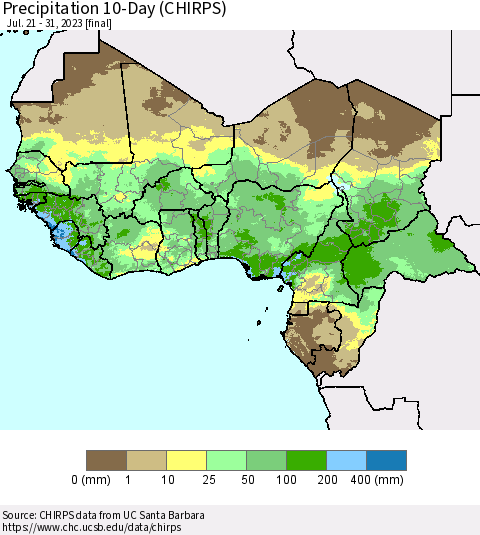 Western Africa Precipitation 10-Day (CHIRPS) Thematic Map For 7/21/2023 - 7/31/2023