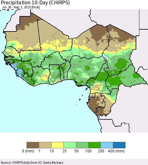 Western Africa Precipitation 10-Day (CHIRPS) Thematic Map For 7/26/2023 - 8/5/2023