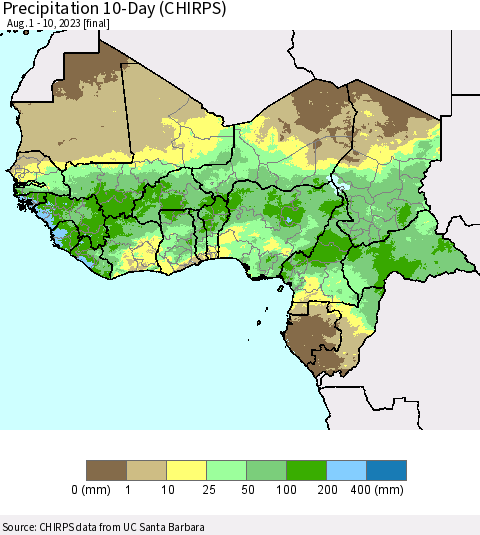 Western Africa Precipitation 10-Day (CHIRPS) Thematic Map For 8/1/2023 - 8/10/2023