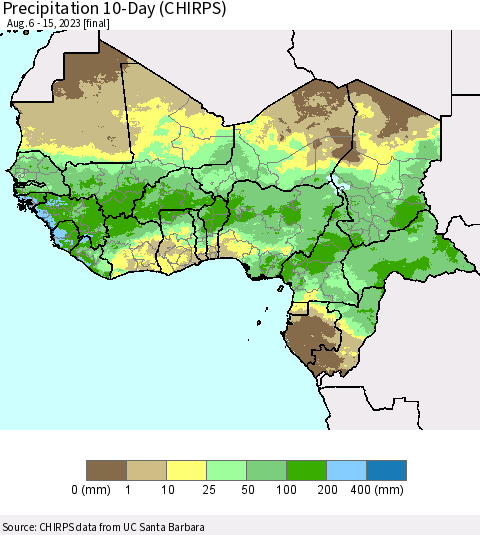 Western Africa Precipitation 10-Day (CHIRPS) Thematic Map For 8/6/2023 - 8/15/2023
