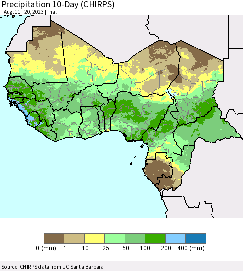Western Africa Precipitation 10-Day (CHIRPS) Thematic Map For 8/11/2023 - 8/20/2023