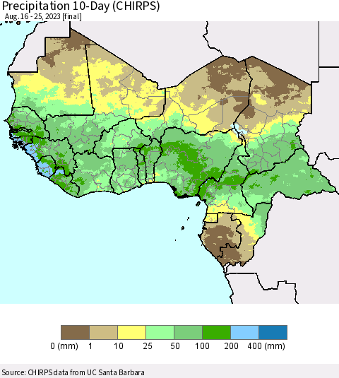 Western Africa Precipitation 10-Day (CHIRPS) Thematic Map For 8/16/2023 - 8/25/2023
