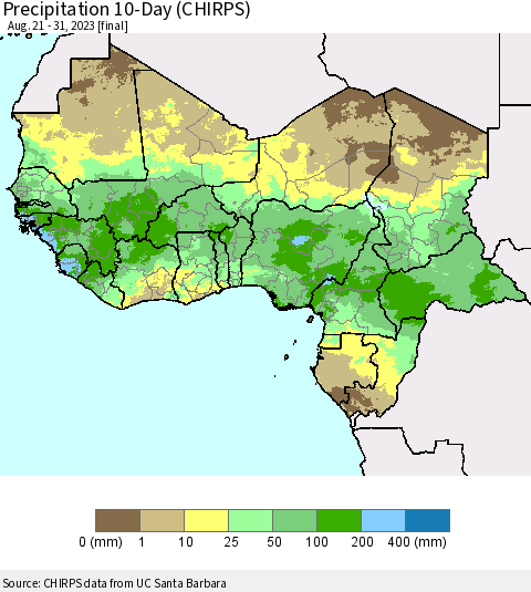 Western Africa Precipitation 10-Day (CHIRPS) Thematic Map For 8/21/2023 - 8/31/2023