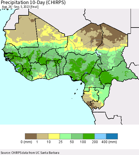 Western Africa Precipitation 10-Day (CHIRPS) Thematic Map For 8/26/2023 - 9/5/2023