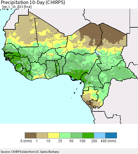Western Africa Precipitation 10-Day (CHIRPS) Thematic Map For 9/1/2023 - 9/10/2023