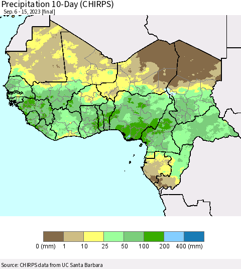 Western Africa Precipitation 10-Day (CHIRPS) Thematic Map For 9/6/2023 - 9/15/2023