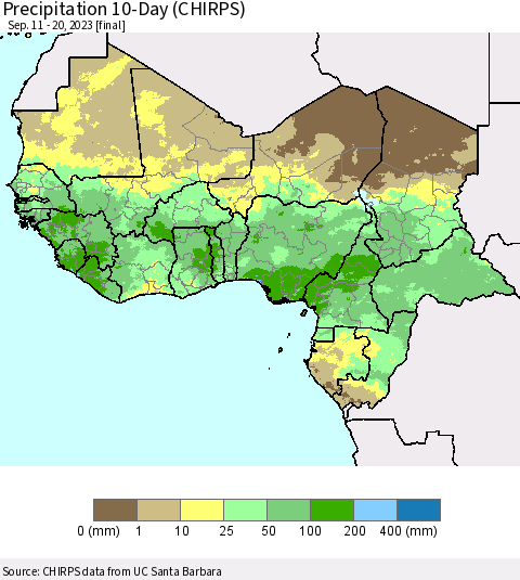 Western Africa Precipitation 10-Day (CHIRPS) Thematic Map For 9/11/2023 - 9/20/2023