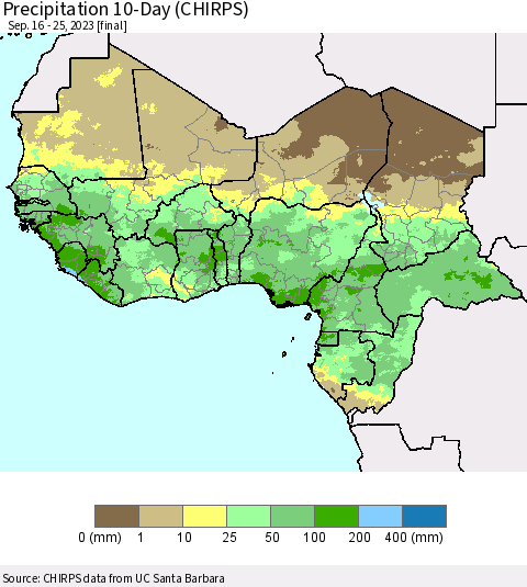 Western Africa Precipitation 10-Day (CHIRPS) Thematic Map For 9/16/2023 - 9/25/2023