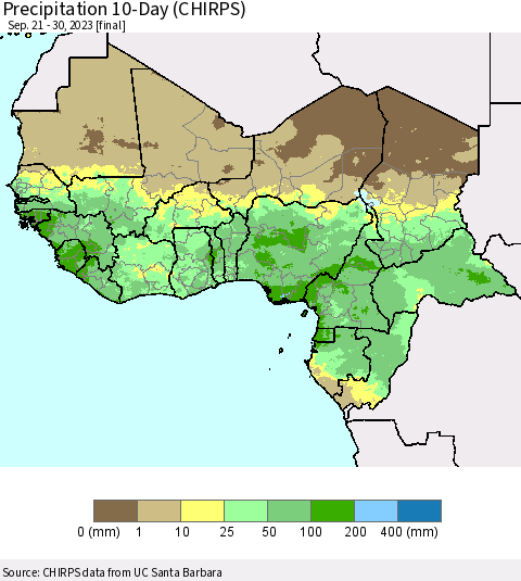Western Africa Precipitation 10-Day (CHIRPS) Thematic Map For 9/21/2023 - 9/30/2023