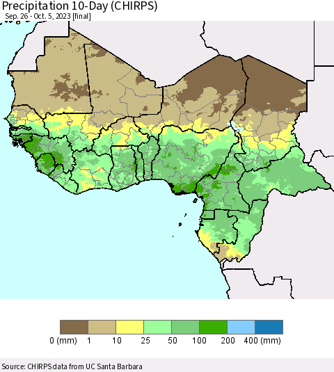 Western Africa Precipitation 10-Day (CHIRPS) Thematic Map For 9/26/2023 - 10/5/2023