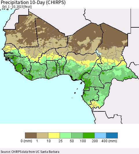Western Africa Precipitation 10-Day (CHIRPS) Thematic Map For 10/1/2023 - 10/10/2023