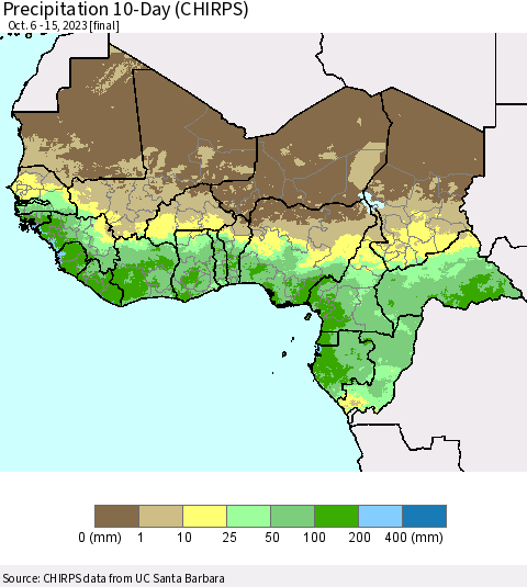 Western Africa Precipitation 10-Day (CHIRPS) Thematic Map For 10/6/2023 - 10/15/2023