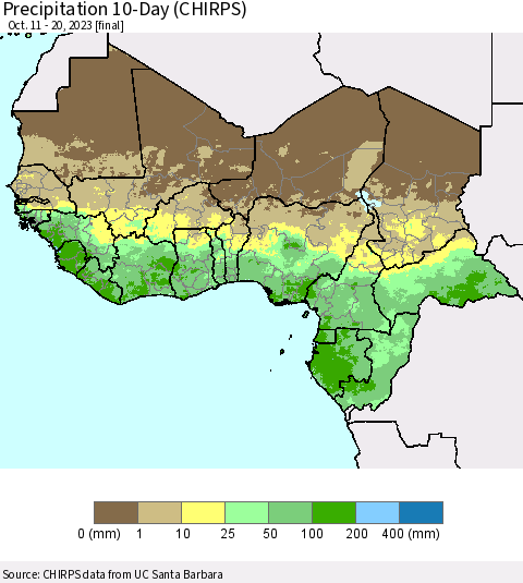 Western Africa Precipitation 10-Day (CHIRPS) Thematic Map For 10/11/2023 - 10/20/2023