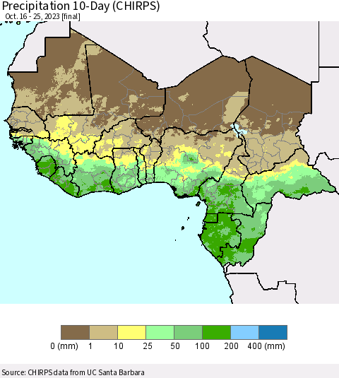 Western Africa Precipitation 10-Day (CHIRPS) Thematic Map For 10/16/2023 - 10/25/2023