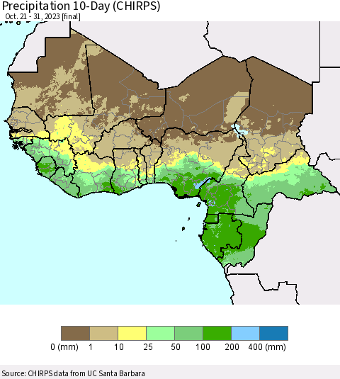 Western Africa Precipitation 10-Day (CHIRPS) Thematic Map For 10/21/2023 - 10/31/2023