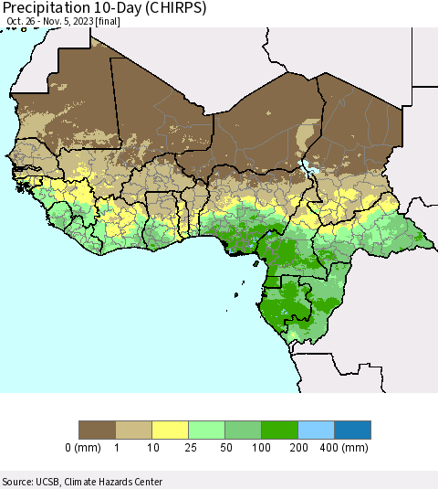 Western Africa Precipitation 10-Day (CHIRPS) Thematic Map For 10/26/2023 - 11/5/2023