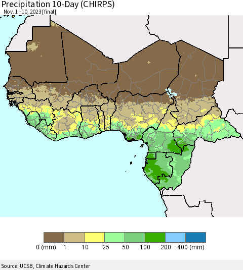 Western Africa Precipitation 10-Day (CHIRPS) Thematic Map For 11/1/2023 - 11/10/2023