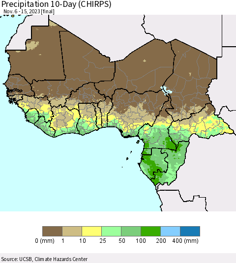 Western Africa Precipitation 10-Day (CHIRPS) Thematic Map For 11/6/2023 - 11/15/2023