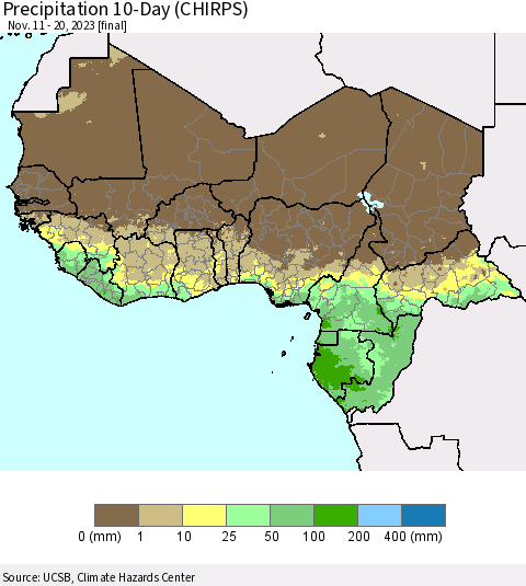 Western Africa Precipitation 10-Day (CHIRPS) Thematic Map For 11/11/2023 - 11/20/2023