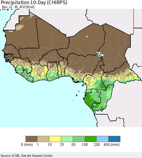 Western Africa Precipitation 10-Day (CHIRPS) Thematic Map For 11/21/2023 - 11/30/2023