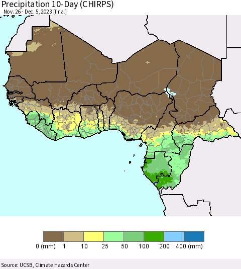 Western Africa Precipitation 10-Day (CHIRPS) Thematic Map For 11/26/2023 - 12/5/2023