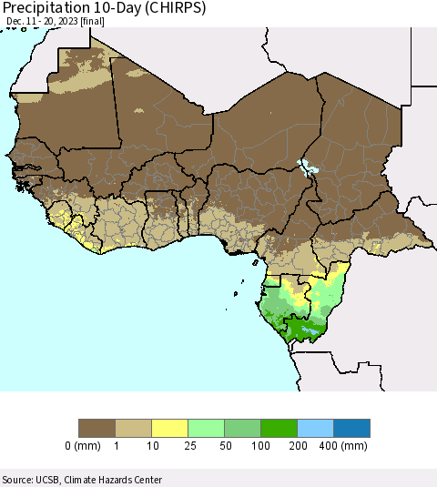 Western Africa Precipitation 10-Day (CHIRPS) Thematic Map For 12/11/2023 - 12/20/2023
