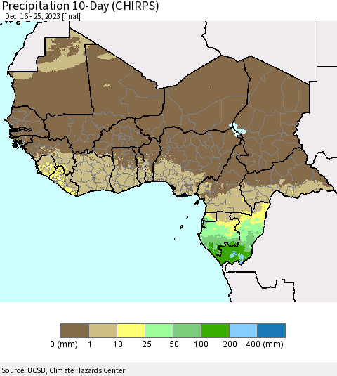 Western Africa Precipitation 10-Day (CHIRPS) Thematic Map For 12/16/2023 - 12/25/2023