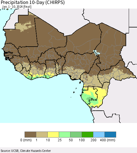 Western Africa Precipitation 10-Day (CHIRPS) Thematic Map For 1/1/2024 - 1/10/2024