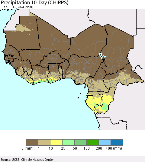 Western Africa Precipitation 10-Day (CHIRPS) Thematic Map For 1/6/2024 - 1/15/2024