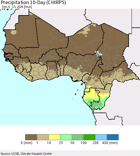 Western Africa Precipitation 10-Day (CHIRPS) Thematic Map For 2/6/2024 - 2/15/2024