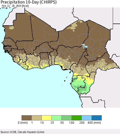 Western Africa Precipitation 10-Day (CHIRPS) Thematic Map For 2/11/2024 - 2/20/2024
