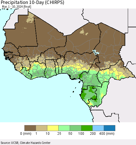 Western Africa Precipitation 10-Day (CHIRPS) Thematic Map For 3/1/2024 - 3/10/2024