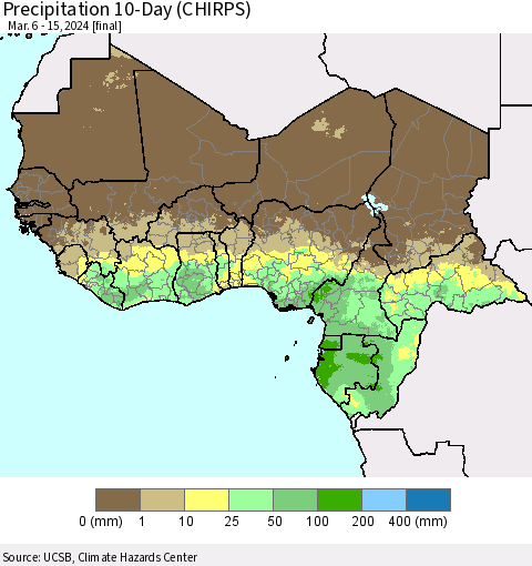 Western Africa Precipitation 10-Day (CHIRPS) Thematic Map For 3/6/2024 - 3/15/2024