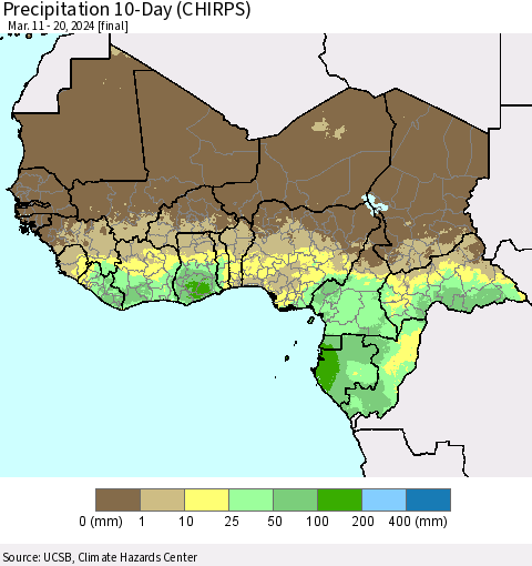 Western Africa Precipitation 10-Day (CHIRPS) Thematic Map For 3/11/2024 - 3/20/2024