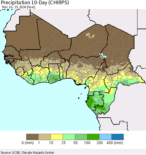Western Africa Precipitation 10-Day (CHIRPS) Thematic Map For 3/16/2024 - 3/25/2024