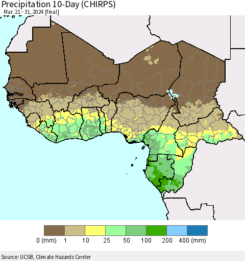 Western Africa Precipitation 10-Day (CHIRPS) Thematic Map For 3/21/2024 - 3/31/2024
