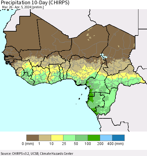 Western Africa Precipitation 10-Day (CHIRPS) Thematic Map For 3/26/2024 - 4/5/2024
