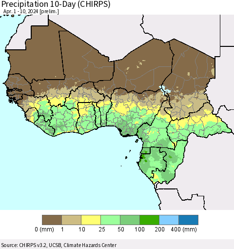 Western Africa Precipitation 10-Day (CHIRPS) Thematic Map For 4/1/2024 - 4/10/2024
