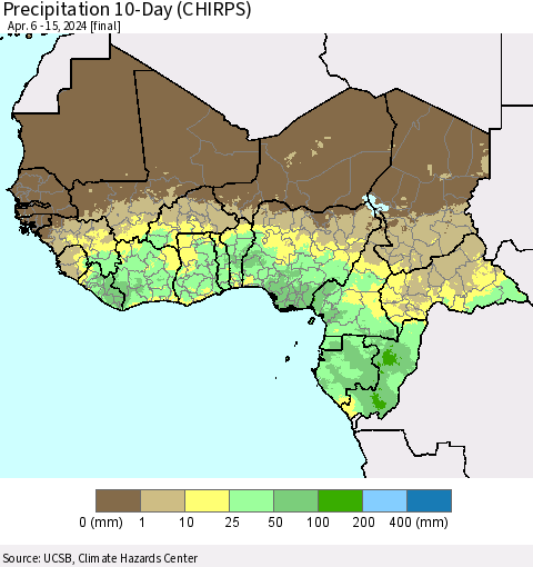 Western Africa Precipitation 10-Day (CHIRPS) Thematic Map For 4/6/2024 - 4/15/2024