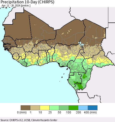 Western Africa Precipitation 10-Day (CHIRPS) Thematic Map For 4/11/2024 - 4/20/2024
