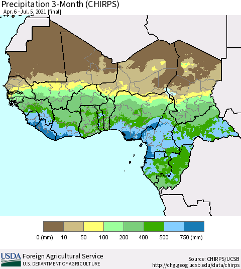 Western Africa Precipitation 3-Month (CHIRPS) Thematic Map For 4/6/2021 - 7/5/2021