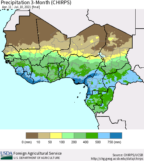Western Africa Precipitation 3-Month (CHIRPS) Thematic Map For 4/11/2021 - 7/10/2021