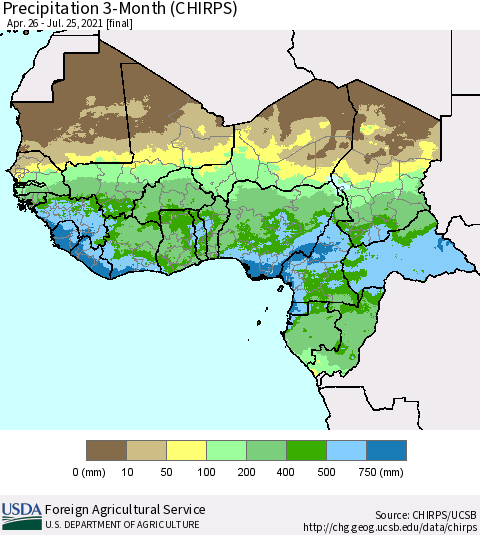 Western Africa Precipitation 3-Month (CHIRPS) Thematic Map For 4/26/2021 - 7/25/2021