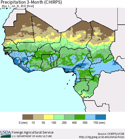 Western Africa Precipitation 3-Month (CHIRPS) Thematic Map For 5/1/2021 - 7/31/2021