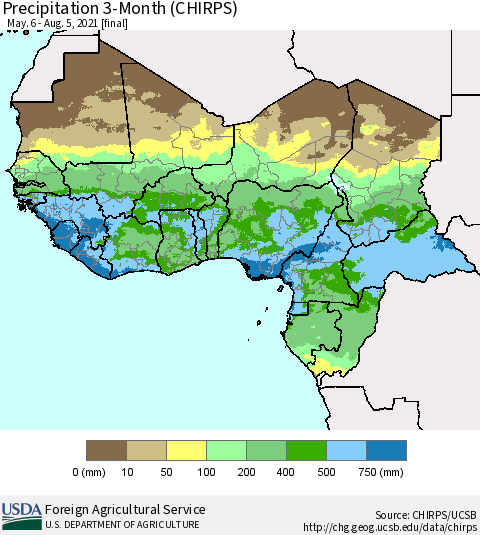 Western Africa Precipitation 3-Month (CHIRPS) Thematic Map For 5/6/2021 - 8/5/2021