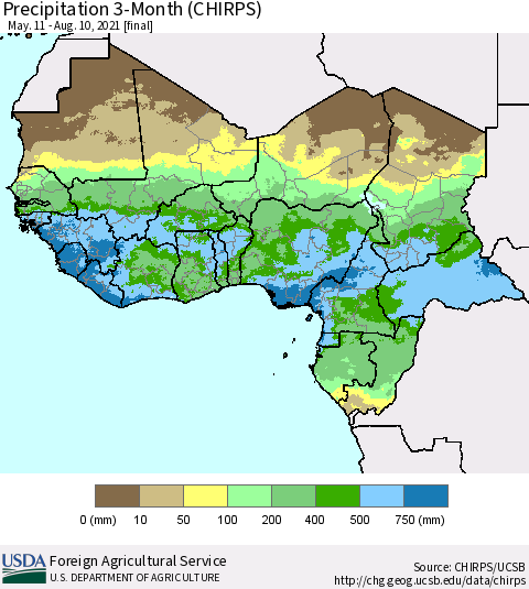 Western Africa Precipitation 3-Month (CHIRPS) Thematic Map For 5/11/2021 - 8/10/2021